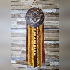 New Handcrafted Stained Glass Look Honey Bee With Mixed Fabric Wall Art